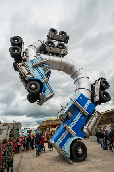 A large sculpture of a distorted truck displayed at Dismaland, Banksy’s temporary theme park in western England (2015).Photo: Shutterstock
