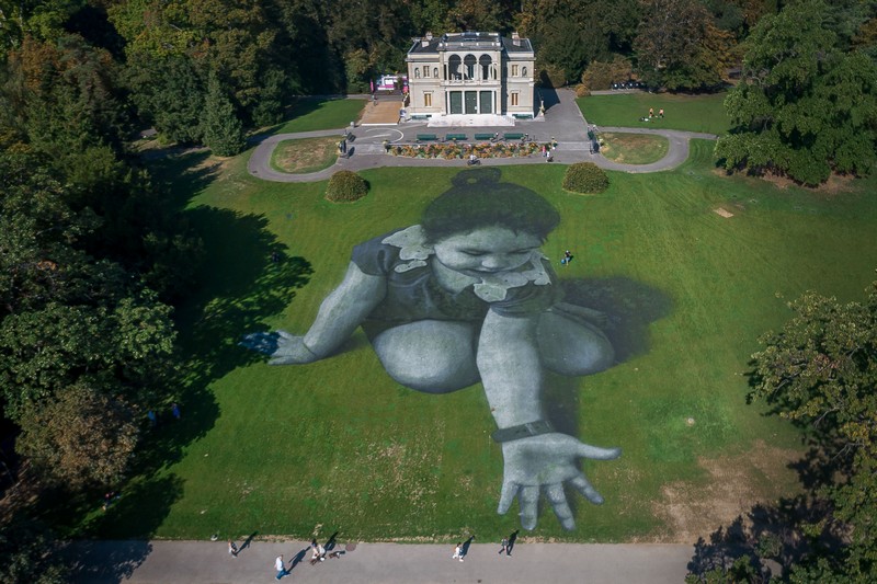 "Message From the Future." A 5,000-square-meter painting created on grass using biodegradable materials by artist Saype. Geneva, 2018. Photo: MTArt Agency and Saype