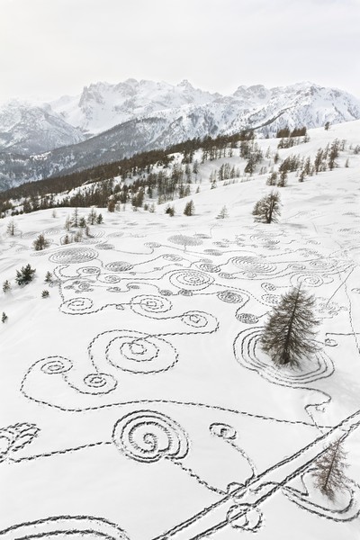 Snow artwork by Sonja Hinrichsen at the Briançon ski resort in the French Alps, 2014.