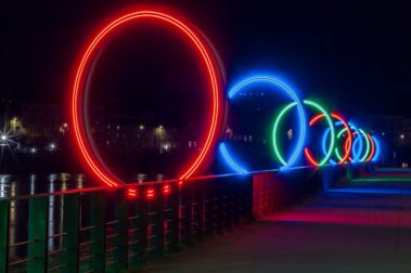 "The Rings" installation. Composed of 18 large illuminated rings, it was installed along the waterfront promenade in Nantes, France. Photos: Shutterstock.